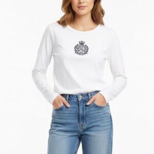 Lauren Ralph Lauren White Cotton Navy Embroidered Crest LS T-Shirt Size L-Petite